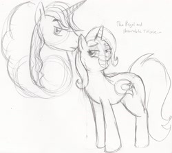 Size: 2184x1952 | Tagged: safe, artist:enigmaticfrustration, prince blueblood, trixie, unicorn, g4, duo, duo male and female, female, horn, male, monochrome, sketch