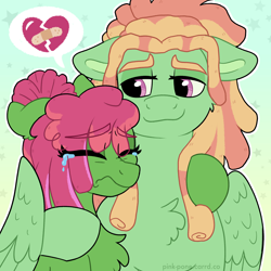 Size: 2000x2000 | Tagged: safe, artist:pink-pone, oc, oc only, oc:diona, oc:top trim, pegasus, pony, artfight, chest fluff, colored eyebrows, colored pinnae, comforting, crying, dreadlocks, duo, duo male and female, eye clipping through hair, eyebrows, eyebrows visible through hair, eyelashes, female, floppy ears, frown, gift art, gradient background, green coat, hug, lidded eyes, long mane, looking at someone, male, mare, multicolored mane, offspring, orange mane, parent:tree hugger, parent:zephyr breeze, parents:zephyrhugger, pegasus oc, pictogram, ponytail, purple eyes, purple mane, siblings, smiling at someone, stallion, starry background, three toned mane, tied mane, two toned mane, wall of tags, watermark, wavy mouth, winghug, wings