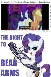 Size: 593x900 | Tagged: safe, edit, edited screencap, screencap, applejack, candy mane, lyra heartstrings, rainbow dash, rarity, earth pony, unicorn, boast busters, g4, my little pony: friendship is magic, caption, gun, horn, meme, second amendment, weapon, youtube caption