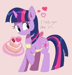 Size: 1298x1358 | Tagged: safe, artist:spoonie, twilight sparkle, pony, unicorn, g4, apron, blush lines, blushing, cake, clothes, cute, female, food, glowing, glowing horn, horn, levitation, magic, magic aura, red background, simple background, solo, telekinesis, twiabetes, unicorn twilight