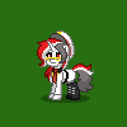 Size: 400x400 | Tagged: safe, oc, oc only, oc:red rocket, pony, unicorn, pony town, belt, boots, cap, clothes, glasses, green background, hat, horn, military uniform, necktie, pants, shirt, shoes, simple background, solar empire, solo, uniform