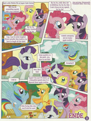 Size: 796x1055 | Tagged: safe, official comic, applejack, fluttershy, pinkie pie, rainbow dash, rarity, twilight sparkle, earth pony, pegasus, pony, unicorn, g4, bipedal, comic, cookie, drugs, eyeshadow, female, flying, food, horn, makeup, mane six, mare, speech bubble, standing on one hoof, standing on two hooves, stock vector, text, translation, twilight is a lion, unicorn twilight