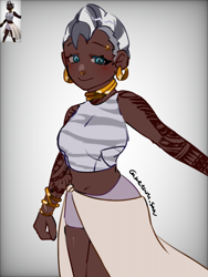 Size: 3072x4096 | Tagged: safe, artist:metaruscarlet, zecora, human, g4, african, blushing, bracelet, choker, clothes, ear piercing, earring, eyebrow piercing, gradient background, humanized, jewelry, piercing, redraw, shaved head, solo, tattoo