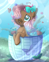 Size: 857x1080 | Tagged: safe, artist:amitadust, oc, oc only, butterfly, earth pony, pony, ahoge, basket, bow, brown coat, colored muzzle, colored pinnae, cute, dark muzzle, ear fluff, facial markings, female, flower, grass, hair bow, hair over one eye, half body, mare, ocbetes, open mouth, open smile, shiny mane, shrub, smiling, solo, sparkly mane, wide eyes