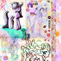 Size: 4000x4000 | Tagged: safe, artist:larvaecandy, fluttershy, princess luna, twilight sparkle, alicorn, classical unicorn, pegasus, pony, unicorn, g4, abstract, absurd resolution, alternate cutie mark, alternate eye color, alternate hairstyle, alternate tailstyle, bangs, beanbrows, big eyes, big hooves, blue eyelashes, blue eyes, blue hooves, blue mane, blue tail, blush lines, blushing, bust, choker, clothes, cloven hooves, coat markings, collage, colored eyelashes, colored hooves, colored sclera, eyebrows, eyelashes, female, floppy ears, hooves, horn, leg fluff, leg warmers, leonine tail, mare, mixed media, multicolored mane, multicolored tail, pink eyes, purple sclera, raised hoof, s1 luna, scan, shiny mane, sitting, smiling, standing, sticker, striped leg warmers, tail, three toned mane, three toned tail, toy, traditional art, unicorn horn, unicorn twilight, unshorn fetlocks, wall of tags, white pupils, wingding eyes, wings, wings down