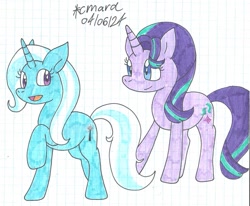 Size: 1417x1170 | Tagged: safe, artist:cmara, starlight glimmer, trixie, unicorn, g4, closed mouth, colored, duo, duo female, female, graph paper, horn, no clothes, open mouth, raised hoof, traditional art