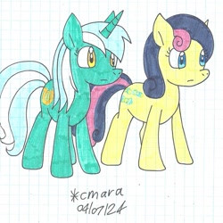 Size: 1146x1148 | Tagged: safe, artist:cmara, bon bon, lyra heartstrings, sweetie drops, g4, colored, duo, duo female, female, graph paper, looking at something, ship:lyrabon, traditional art