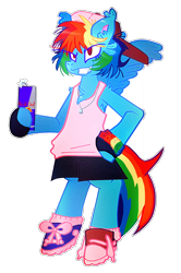 Size: 1128x1700 | Tagged: safe, artist:dawhitechangling, rainbow dash, pegasus, pony, semi-anthro, g4, armpit hair, chest fluff, clothes, drink, energy drink, female, hat, jewelry, mare, necklace, red bull, shoes, shoulder fluff, simple background, solo, standing, tank top, tomboy, transparent background