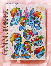 Size: 3020x3906 | Tagged: safe, artist:dariarchangel, part of a set, rainbow dash, pegasus, g4, g5, alternate cutie mark, alternate hairstyle, blue coat, blushing, bracelet, bust, colored hooves, colored wings, cute, dashabetes, emoji, female, floppy ears, g5 concept leaks, g5 to g4, generation leap, goggles, goggles on head, hooves, jewelry, lightning, long hair, long mane, long tail, looking up, mare, multicolored hair, multicolored mane, multicolored tail, multicolored wings, partially open wings, photo, portrait, rainbow dash (g5 concept leak), rainbow hair, rainbow wings, short hair, short mane, sketchbook, smiling, smirk, solo, sparkles, spread wings, standing, standing on one leg, tail, thinking, tiara, traditional art, unshorn fetlocks, what could have been, wings, 🤔