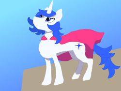 Size: 2048x1536 | Tagged: safe, artist:silverfishv9, oc, oc only, oc:azure star (silverfishv9), pony, unicorn, blue eyes, blue mane, cape, clothes, female, gradient background, horn, mare, solo, unicorn oc, white coat