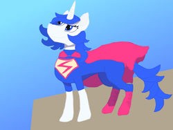 Size: 2048x1536 | Tagged: safe, artist:silverfishv9, oc, oc only, oc:azure star (silverfishv9), pony, unicorn, blue eyes, blue mane, cape, clothes, cosplay, costume, dc comics, female, gradient background, horn, mare, solo, superman, supermare, unicorn oc, white coat