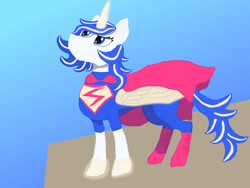 Size: 2048x1536 | Tagged: safe, artist:silverfishv9, oc, oc only, oc:azure star (silverfishv9), alicorn, pony, unicorn, alicornified, artificial horn, artificial wings, augmented, blue eyes, blue mane, cape, clothes, cosplay, costume, dc comics, female, gradient background, horn, magic, magic horn, magic wings, mare, race swap, solo, superman, supermare, unicorn oc, white coat, wings