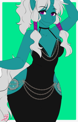 Size: 1530x2408 | Tagged: safe, artist:shadowraiser, oc, oc only, oc:seabreeze, unicorn, anthro, breasts, chains, choker, cleavage, clothes, collarbone, colored background, dress, eyebrows, eyelashes, female, female oc, fishtail dress meme, gray tail, green coat, grey hair, hips, horn, looking at you, meme, passepartout, purple eyes, signature, smiling, smiling at you, solo, thighs, unicorn horn, unicorn oc, wide hips