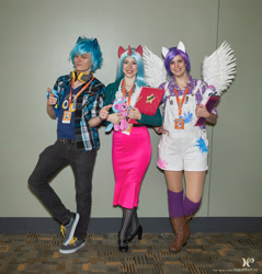 Size: 3668x3840 | Tagged: safe, artist:littlemissbloo, artist:xen photography, oc, oc:blank canvas, oc:hoof beatz, oc:mane event, human, bronycon, bronycon 2015, bronycon mascots, clothes, cosplay, costume, high res, irl, irl human, photo, trio