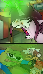 Size: 700x1200 | Tagged: safe, artist:pizzamovies, oc, oc only, oc:rosa maledicta, unicorn, equestria at war mod, crying, female, horn, magic, magic aura, mare, meme, pepe the frog, this will end in death, this will end in tears, this will end in tears and/or death, yelling