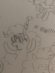 Size: 1536x2048 | Tagged: safe, artist:tomatopastacat, pinkie pie, earth pony, pony, g4, female, hat, mare, open mouth, open smile, party hat, raised hooves, smiling, solo, sunglasses, traditional art