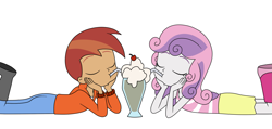 Size: 2101x1001 | Tagged: safe, artist:eagc7, button mash, sweetie belle, human, equestria girls, g4, digital art, drink, drinking, drinking glass, drinking straw, duo, duo male and female, equestria girls-ified, eyes closed, female, glass, lying down, male, milkshake, on ground, sharing a drink, ship:sweetiemash, shipping, simple background, straight, white background