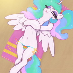 Size: 3000x3000 | Tagged: safe, alternate version, artist:t72b, princess celestia, rainbow dash, alicorn, pony, g4, :p, ;p, armpits, belly, belly button, bikini, clothes, covering, covering chest, cute, cutelestia, female, human shoulders, humanoid torso, looking at you, lying down, mare, on back, one eye closed, rainbow dash bikini, ribcage, solo, spread wings, sternocleidomastoid, sun bathing, swimsuit, tongue out, topless, towel, underwear, wings, wink, winking at you