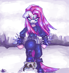 Size: 3600x3800 | Tagged: safe, artist:mannybcadavera, pinkie pie, earth pony, semi-anthro, g4, angry, black metal, boots, eye clipping through hair, face paint, female, floppy ears, furrowed brow, heavy metal, high res, looking at you, mare, pinkamena diane pie, punkamena, punkie pie, scowl, shoes, skull, solo, spiked wristband, thigh boots, wristband