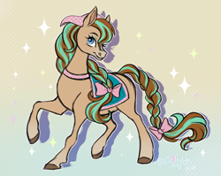 Size: 1532x1220 | Tagged: safe, artist:arorixlights, horse, 2024, bandana, barely pony related, bow, cocoa (wild manes), gradient background, hair bow, raised hoof, saddle, signature, smiling, solo, sparkles, starry eyes, tack, tail, tail bow, unshorn fetlocks, wild manes, wingding eyes