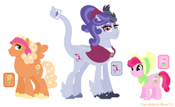 Size: 1290x789 | Tagged: safe, artist:sarahbearquartz, oc, oc only, oc:butterfly scotch, oc:highty mighty, oc:pink pearl, draconequus, earth pony, hybrid, pegasus, pony, bandana, base used, bonnet, draconequus oc, female, flower, flower in hair, freckles, interspecies offspring, magical gay spawn, magical lesbian spawn, male, mare, offspring, parent:apple bloom, parent:big macintosh, parent:discord, parent:fluttershy, parent:hoity toity, parent:sweetie belle, parents:fluttermac, parents:hoitycord, parents:sweetiebloom, shawl, signature, simple background, stallion, white background