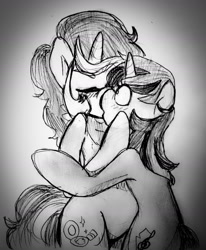 Size: 1280x1556 | Tagged: oc name needed, safe, artist:equestrian-strumpet, oc, oc only, pony, unicorn, semi-anthro, blushing, duo, duo female, female, female oc, french kiss, horn, kissing, lesbian, mare, monochrome, sketch, traditional art, unicorn oc, wide eyes