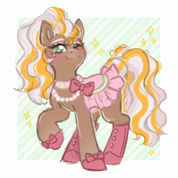 Size: 1272x1272 | Tagged: safe, artist:adostume, horse, blushing, cherie (wild manes), female, hoof shoes, jewelry, looking at you, mare, necklace, one eye closed, passepartout, raised hoof, saddle, smiling, solo, sparkles, tack, tail, wild manes, wink, winking at you