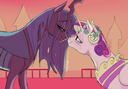 Size: 2048x1422 | Tagged: safe, artist:calaphort, princess cadance, queen chrysalis, alicorn, changeling, changeling queen, pony, g4, beauty mark, boop, duo, duo female, fangs, female, floral head wreath, flower, folded wings, horn, infidelity, lesbian, lidded eyes, mare, noseboop, open mouth, open smile, ship:cadalis, shipping, signature, smiling, wings