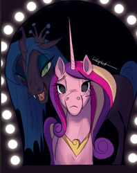 Size: 957x1208 | Tagged: safe, artist:calaphort, princess cadance, queen chrysalis, alicorn, changeling, changeling queen, pony, g4, duo, duo female, evil smile, fangs, female, horn, infidelity, lesbian, lidded eyes, looking at mirror, mare, mirror, open mouth, open smile, peytral, ship:cadalis, shipping, signature, smiling