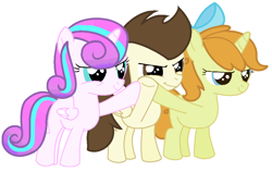 Size: 1140x714 | Tagged: safe, artist:shera5, pound cake, princess flurry heart, pumpkin cake, alicorn, pegasus, pony, unicorn, g4, blank flank, bow, brother and sister, cake twins, colt, female, filly, foal, folded wings, horn, male, older, older flurry heart, older pound cake, older pumpkin cake, siblings, simple background, smug smile, trio, twins, white background, wings