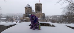 Size: 3264x1464 | Tagged: safe, artist:kuba18i, spike, twilight sparkle, alicorn, dragon, pony, g4, będzin, castle, dragons riding ponies, duo, duo male and female, female, irl, male, outdoors, photo, plushie, poland, ponies around the world, ponies in real life, pony plushie, riding, riding a pony, snow, twilight sparkle (alicorn)