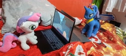 Size: 4080x1830 | Tagged: safe, artist:kuba18i, princess luna, sweetie belle, alicorn, pony, unicorn, g4, bed, computer, duo, duo female, female, gaming, horn, indoors, irl, laptop computer, minecraft, on bed, photo, pillow, playing video games, plushie, poland, ponies around the world, ponies in real life, pony plushie, sosnowiec