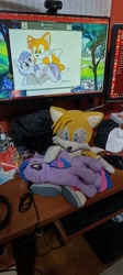 Size: 1830x4080 | Tagged: safe, artist:kuba18i, twilight sparkle, alicorn, fox, pony, g4, computer, desk, duo, duo male and female, female, indoors, inkbunny, irl, male, miles "tails" prower, monitor, photo, plushie, poland, ponies around the world, ponies in real life, pony plushie, sonic the hedgehog (series), sosnowiec, twilight sparkle (alicorn), twitails, webcam