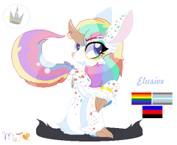 Size: 516x424 | Tagged: safe, artist:nightlightapocalypse, artist:selenaede, oc, oc only, oc:elusive, original species, base used, big ears, blue eyes, body freckles, claws, curved horn, demiboy pride flag, ear freckles, eyebrow slit, eyebrows, eyeshadow, fangs, freckles, gay pride flag, horn, leg fluff, leg freckles, makeup, multicolored hair, polyamory pride flag, pride, pride flag, rainbow hair, raised claw, simple background, solo, transparent background, turned head