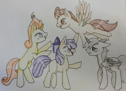 Size: 1024x743 | Tagged: safe, cream puff, pound cake, pumpkin cake, oc, oc:crescent, alicorn, earth pony, pegasus, pony, unicorn, g4, bow, brother and sister, cake twins, colt, creambetes, cute, female, filly, foal, group, horn, male, ocbetes, older, older cream puff, older pound cake, older pumpkin cake, poundabetes, pumpkinbetes, quartet, siblings, traditional art, twins