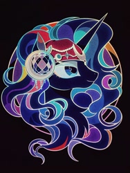 Size: 1600x2133 | Tagged: safe, artist:tkotu434, princess luna, alicorn, pony, g4, black background, bust, ear piercing, earring, female, jewelry, lidded eyes, mare, piercing, simple background, solo