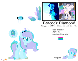 Size: 900x705 | Tagged: safe, artist:nightlightapocalypse, artist:selenaede, princess celestia, oc, oc:peacock diamond, alicorn, gem (race), gem pony, hybrid, original species, pony, unicorn, g4, alicorn oc, baby, baby pony, base used, blue diamond (steven universe), colored wings, crossover, crossover ship offspring, crossover shipping, crossverse (nightlightapocalypse), diamond, diamond pupils, eyeshadow, female, filly, foal, gem, horn, interspecies, interspecies offspring, jewelry, lesbian, magical lesbian spawn, makeup, mare, multicolored wings, offspring, pacifier, parent:blue diamond (steven universe), parent:princess celestia, peacock diamond, polysexual pride flag, pride, pride flag, shipping, simple background, sparkly wings, steven universe, teal eyes, teenager, tiara, transparent background, wings