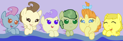 Size: 4496x1536 | Tagged: safe, artist:3d4d, apple bud, cream puff, pound cake, pumpkin cake, shining star, oc, oc:lantana, earth pony, pegasus, pony, unicorn, g4, baby, baby pony, budbetes, colt, creambetes, cute, female, filly, foal, group, horn, male, ocbetes, poundabetes, pumpkinbetes