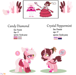 Size: 1024x1012 | Tagged: safe, artist:nightlightapocalypse, oc, oc:candy diamond, oc:crystal peppermint, alicorn, candy pony, food pony, gem (race), gem pony, humanoid, hybrid, object pony, original species, pony, alicorn oc, baroness von bon bon, bi-lesbian pride flag, candy, candy gem pony, clothes, colored wings, colored wingtips, crossover, crossover ship offspring, crossover shipping, crossverse (nightlightapocalypse), cuphead, demigirl, demigirl pride flag, diamond, diamond pupils, duo, duo female, ear piercing, earring, female, folded wings, food, gem, genderfluid pride flag, golden eyes, hat, hennin, heterochromia, horn, infidelity, interspecies, interspecies offspring, jewelry, lesbian, lesbian pride flag, lidded eyes, lipstick lesbian, lipstick lesbian pride flag, magical lesbian spawn, mare, mismatched wings, necklace, non-mlp oc, non-mlp shipping, offspring, parent:baroness von bon bon, parent:pink diamond, piercing, pink diamond, pink diamond (steven universe), pink eyelashes, pride, pride flag, raised hoof, shipping, shoes, siblings, simple background, sisters, skirt, spoilers for another series, standing, steven universe, teenager, transparent background, twins, wings