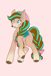 Size: 1365x2048 | Tagged: safe, artist:mscolorsplash, horse, bandana, bow, cocoa (wild manes), female, hair bow, mare, open mouth, open smile, pink background, raised hoof, saddle, simple background, smiling, solo, tack, tail, tail bow, unshorn fetlocks, wild manes