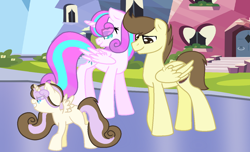 Size: 1324x806 | Tagged: safe, artist:shera5, pound cake, princess flurry heart, oc, oc:sweetness cake, alicorn, pegasus, pony, g4, base used, crystal empire, father and child, father and daughter, female, filly, foal, husband and wife, male, mare, mother and child, mother and daughter, offspring, older, older flurry heart, older pound cake, parent:pound cake, parent:princess flurry heart, parents:poundflurry, ship:poundflurry, shipping, stallion, straight, trio