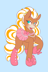 Size: 1365x2048 | Tagged: safe, artist:mscolorsplash, horse, beauty mark, bow, cherie (wild manes), choker, female, hoof shoes, jewelry, light blue background, mare, necklace, open mouth, open smile, raised hoof, saddle, simple background, smiling, solo, tack, tail, wild manes