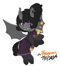 Size: 368x402 | Tagged: safe, artist:bloonacorn, oc, oc only, bat pony, armor, bat pony oc, chainmail, clothes, dress, ear piercing, piercing, ponytail, simple background, solo, sword, transparent background, weapon