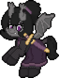 Size: 504x664 | Tagged: safe, artist:bloonacorn, oc, oc only, bat pony, armor, bat pony oc, chainmail, digital art, ear piercing, flying, piercing, pixel art, ponytail, simple background, solo, sword, transparent background, weapon