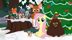 Size: 898x508 | Tagged: safe, artist:trrrebleee, artist:trrriple0dds, fluttershy, bear, beaver, bird, deer, fox, mouse, pegasus, pony, porcupine, rabbit, raccoon, skunk, squirrel, g4, animal, crossover, meme, smiling, snow, south park, this will not end well, tree stump, woodland critter christmas