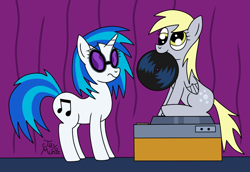 Size: 800x550 | Tagged: safe, artist:jay muniz, derpy hooves, dj pon-3, vinyl scratch, pegasus, pony, unicorn, g4, duo, duo female, female, glasses, goggles, horn, mouth hold, record, sitting, turntable