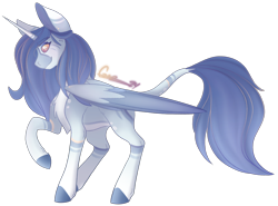 Size: 4636x3424 | Tagged: safe, artist:trashpanda czar, oc, oc only, oc:amaria, alicorn, alicorn oc, chest fluff, coat markings, concave belly, ear fluff, female, horn, long hair, long mane, long tail, looking at you, mare, raised hoof, signature, simple background, smiling, solo, tail, transparent background, wings