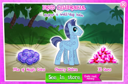 Size: 1965x1297 | Tagged: safe, gameloft, idw, zahid, zebra, g4, my little pony: magic princess, official, advertisement, coat markings, costs real money, english, gem, idw showified, introduction card, magic coins, male, mobile game, numbers, solo, stallion, swirls, swirly markings, text