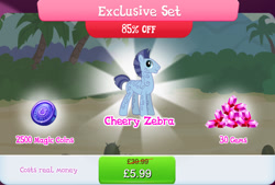 Size: 1267x858 | Tagged: safe, gameloft, idw, zahid, zebra, g4, my little pony: magic princess, official, bundle, coat markings, costs real money, english, gem, idw showified, magic coins, male, mobile game, numbers, sale, solo, stallion, swirls, swirly markings, text