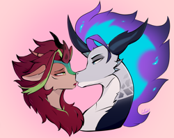 Size: 1992x1576 | Tagged: safe, artist:cmdrtempest, oc, oc only, oc:aliset, oc:amethystflame, dragon, kirin, bust, cute, duo, female, kissing, looking at each other, looking at someone, male, shy, simple background